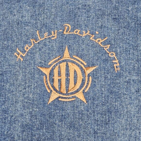 Vintage Harley Davidson cotton Jean Vest Logo Buttons Embroidered Logo Back Sz L - Picture 7 of 7